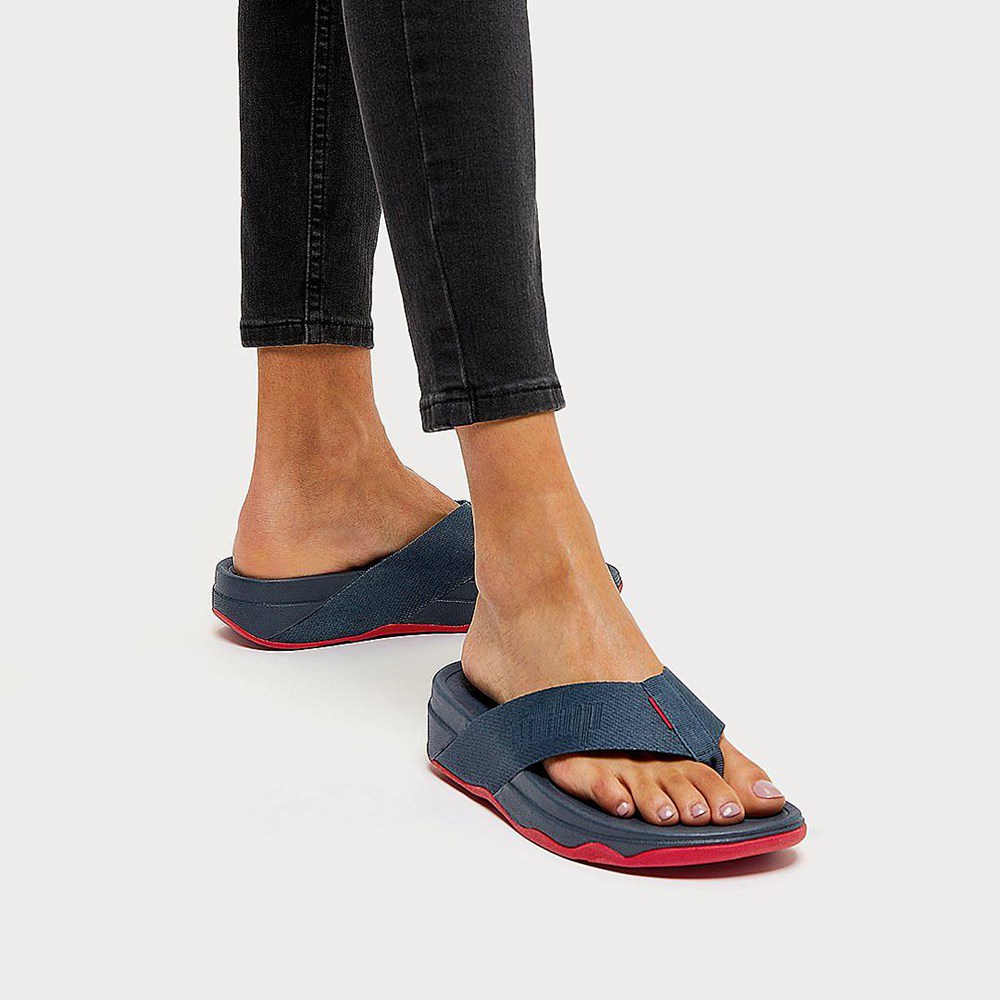 Fitflop Womens Sandals - Surfa Woven Logo Toe-post - Navy - 107-HMYADI